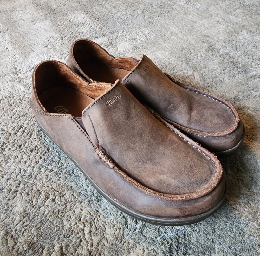 Olukai Moloa Kids Size 6 Leather Shoes Brown Slip On Loafers Boy's Women's Sz 38